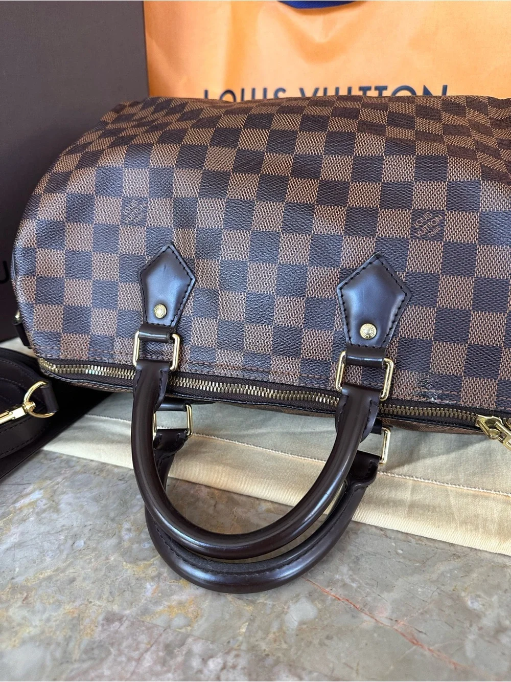 Louis Vuitton Damier Ebene Satchel in Brown with Gold Hardware